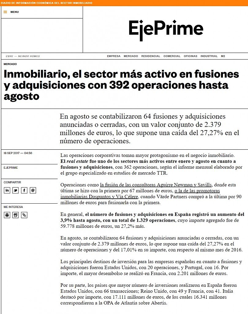 Inmobiliario, el sector ms activo en fusiones y adquisiciones con 392 operaciones hasta agosto